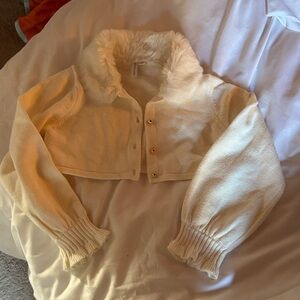 Janie & Jack Cropped Faux-Fur Collar Knit Cardigan - Cream